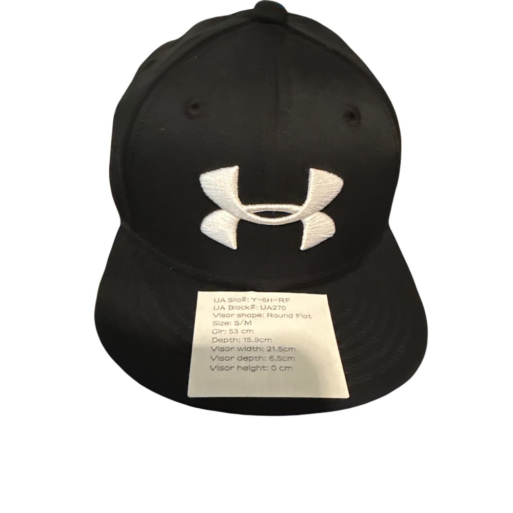 Under Armour Black Flat Brim Baseball Cap Hat UA270 Logo S/M Y-6H-RF